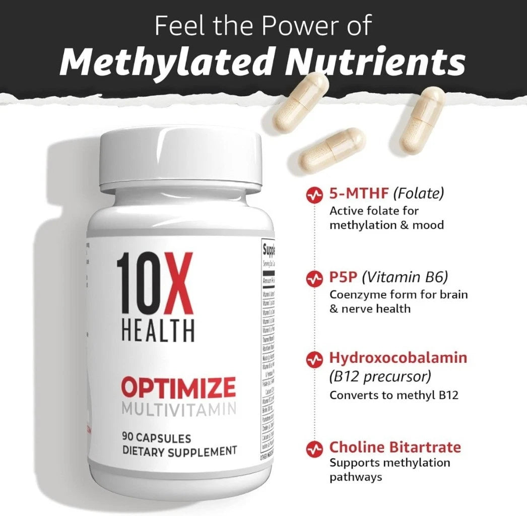 10X Health Optimize Multivitamin Methylated Formula 90 Capsules for Daily Wellness, Energy and Overall Health