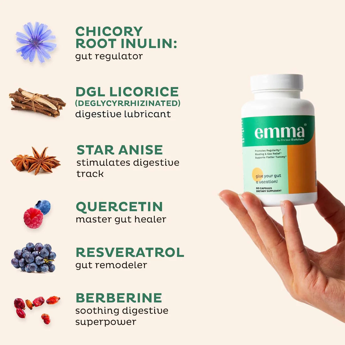 Emma Gut Health Support Capsules - Digestive Health Supplement for Bloating, Gas Relief & Gut Balance, 60 Count