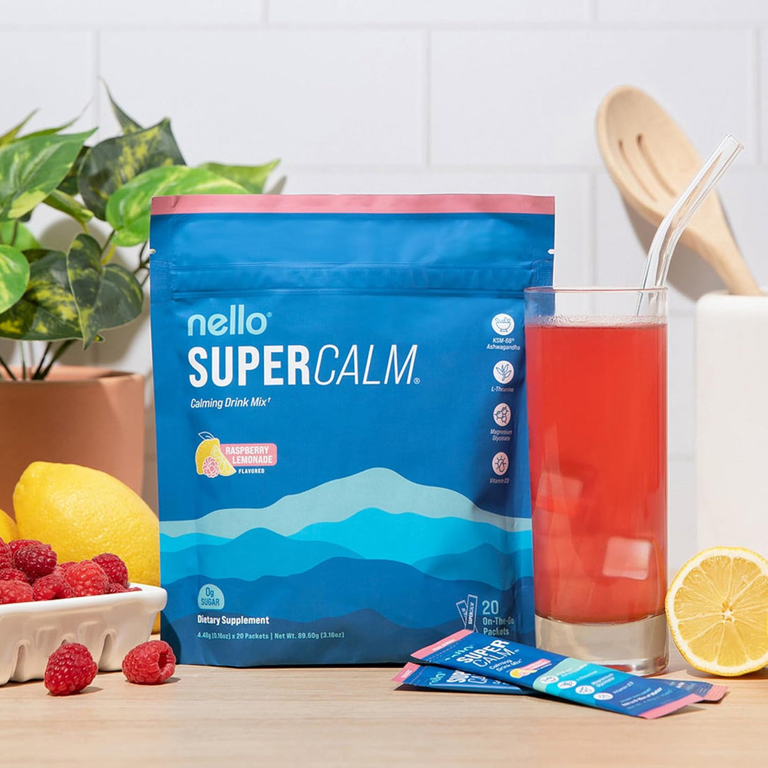 Nello SuperCalm Powdered Drink Mix Sleep Aid & Stress Relief Supplement - Cortisol Support with L-Theanine, KSM-66 Ashwagandha, Magnesium Glycinate, Vitamin D3, Sugar Free, 20 Ct Raspberry Lemonade