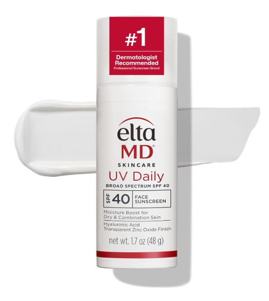 EltaMD UV Daily Broad Spectrum SPF 40 face sunscreen 1.7 oz pump bottle on blue background