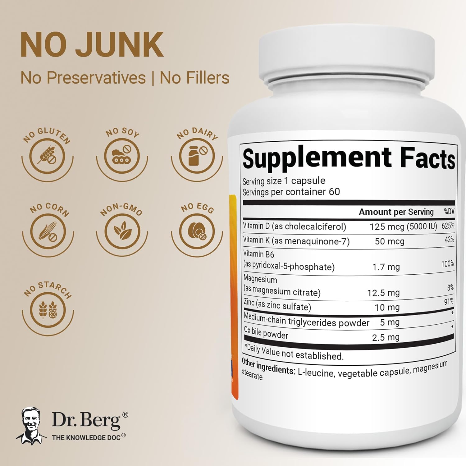 Supplement bottle with label and Dr. Berg logo on a beige background