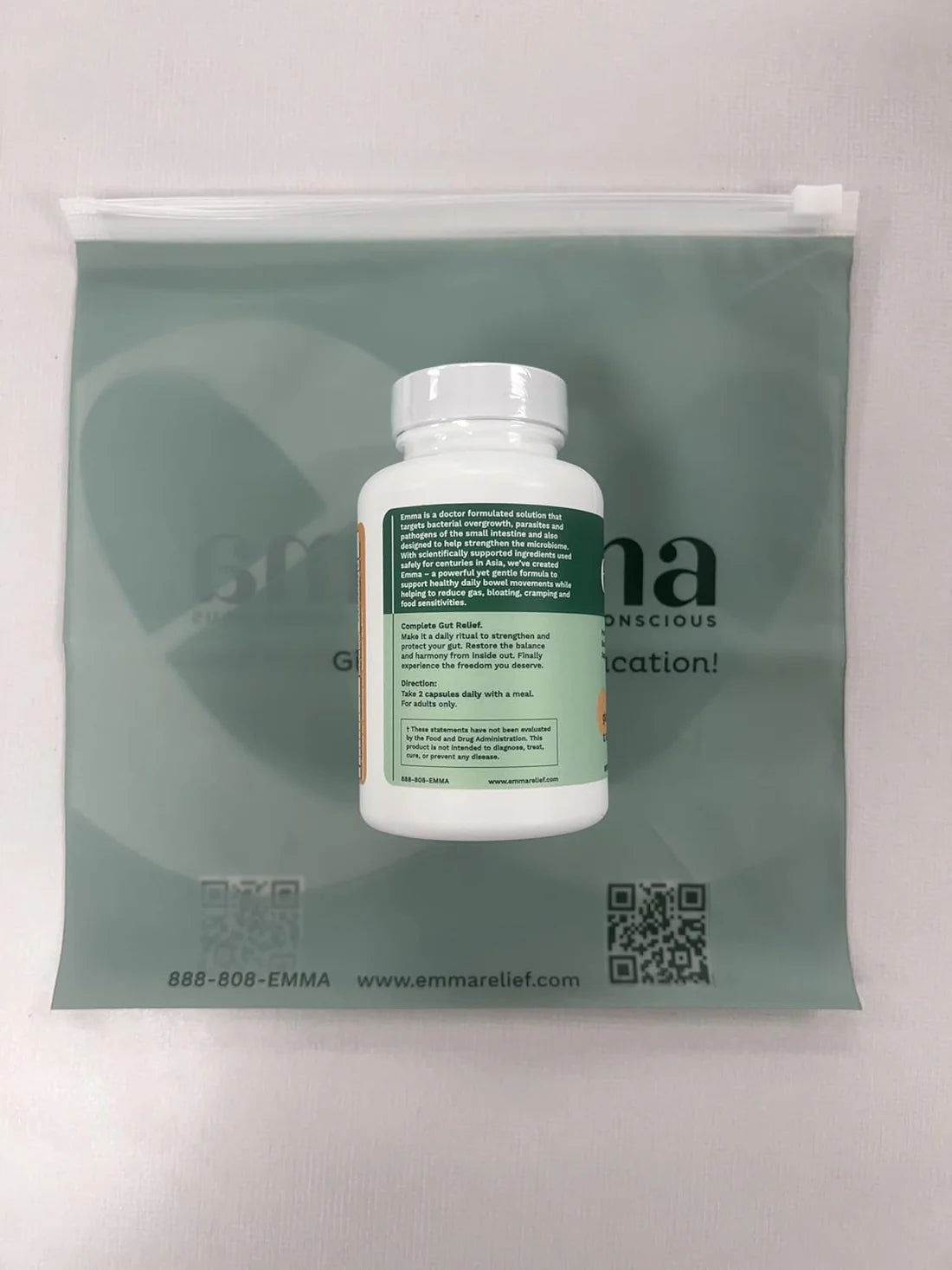 Emma Gut Health capsules packaging side view with digestive benefits