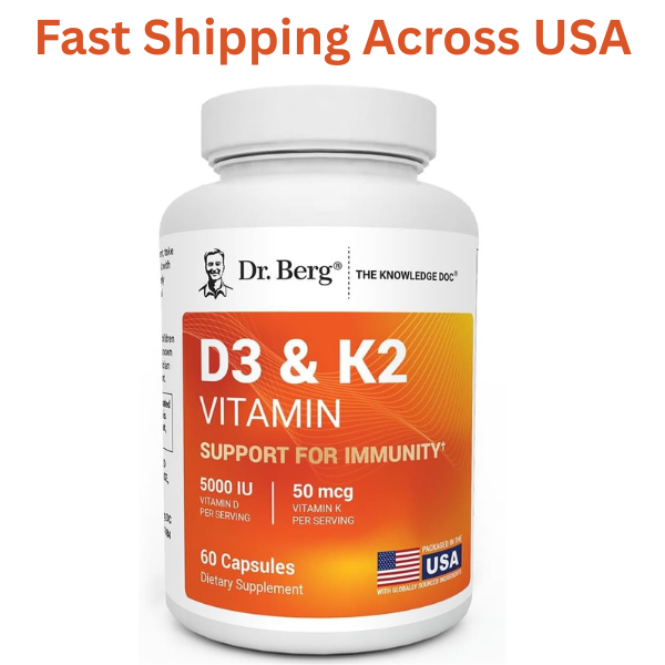 Dr. Berg D3 & K2 vitamin supplement bottle on a white background with text about fast shipping.