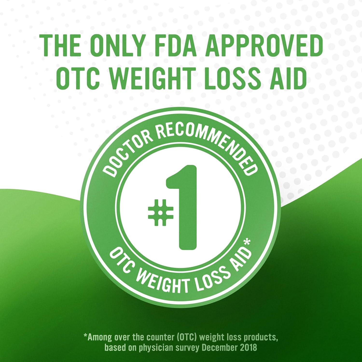 Green badge claiming to be the only FDA-approved OTC weight loss aid with a doctor-recommended status on a green and white background.