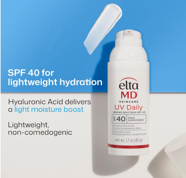 Hand dispensing EltaMD UV Daily lightweight fragrance-free SPF 40 sunscreen from pump bottle