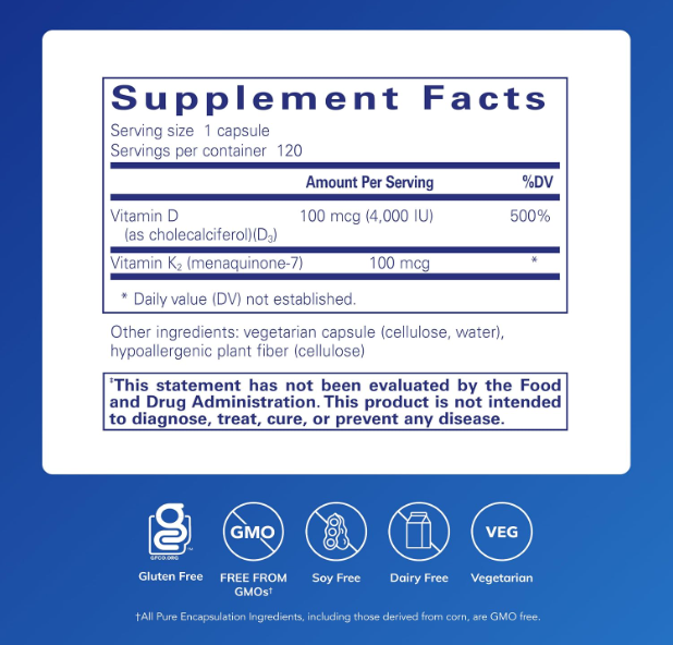 Pure Encapsulations Vitamin D3 & K2 4,000 IU – 120 Capsules