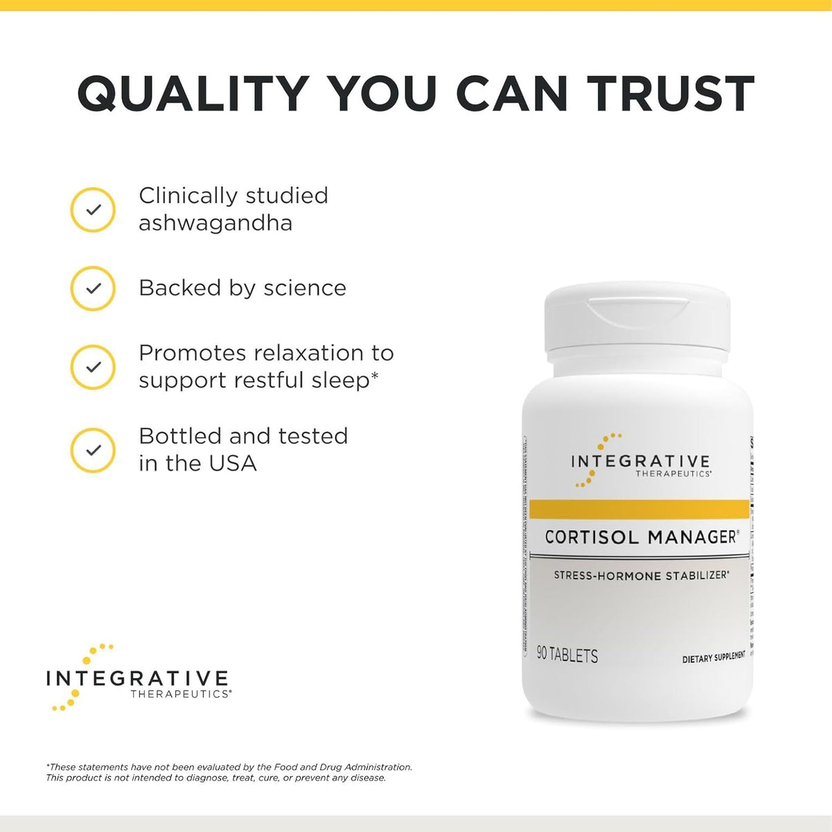 Integrative Therapeutics Cortisol Manager supplement bottle with quality assurance 