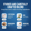 Product label with ingredients L-Tryptophan, GABA, Ashwagandha, and Magnesium on a blue background.