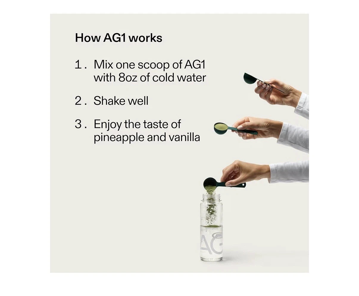 Instructions on how to use AG1 product with a person scooping it into a glass of water.