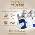 Two people in lab coats with certifications and text on a beige background