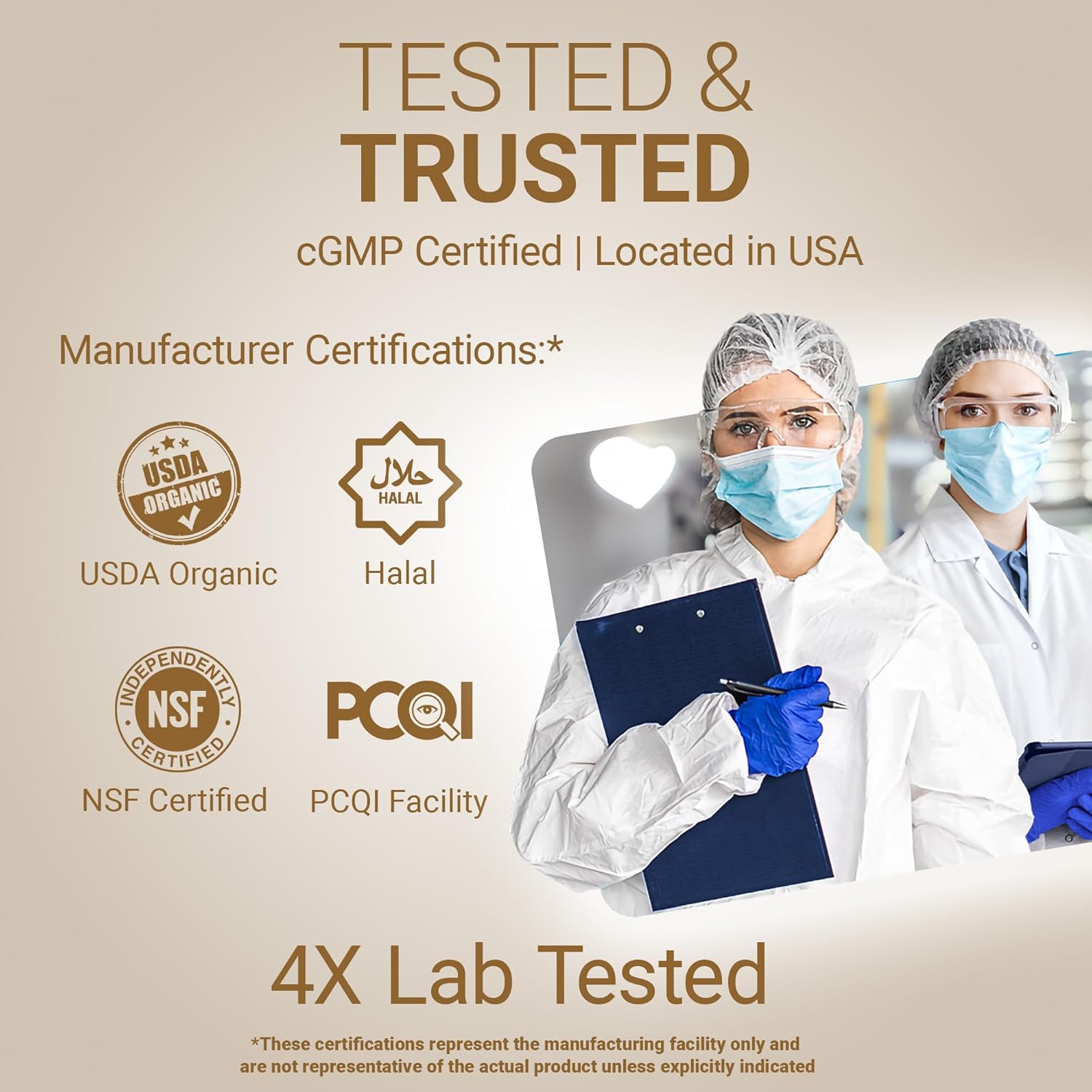 Two people in lab coats with certifications and text on a beige background