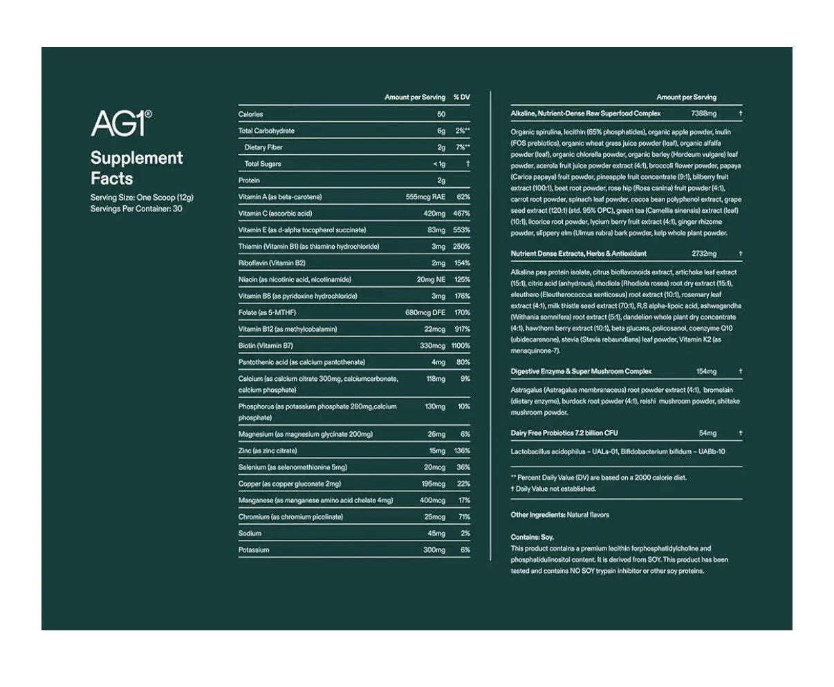 Supplement facts label with detailed nutritional information on a green background