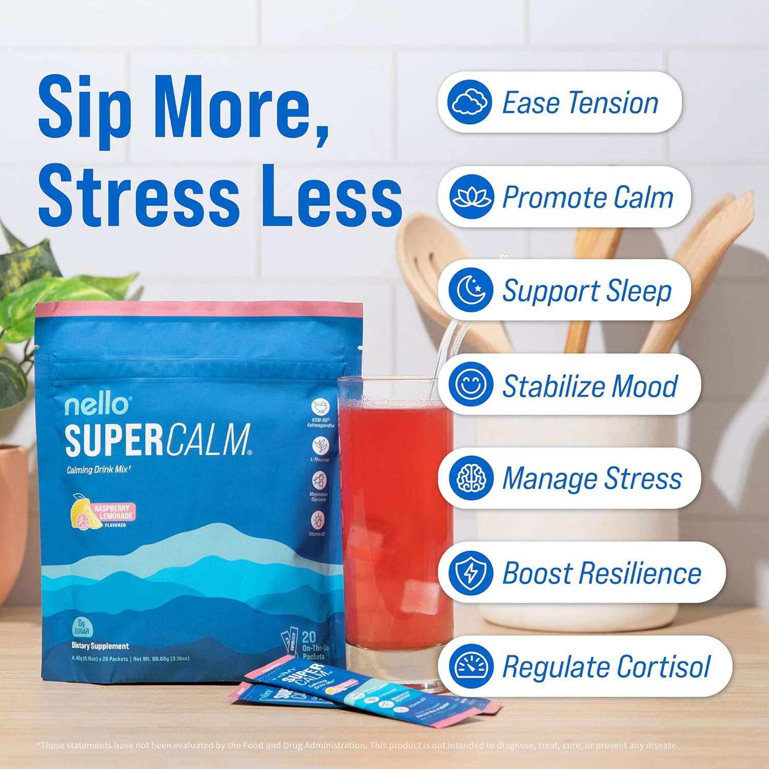 Nello SuperCalm Stress Relief Drink Mix with Ashwagandha, Magnesium Glycinate, Vitamin D3 and L-Theanine