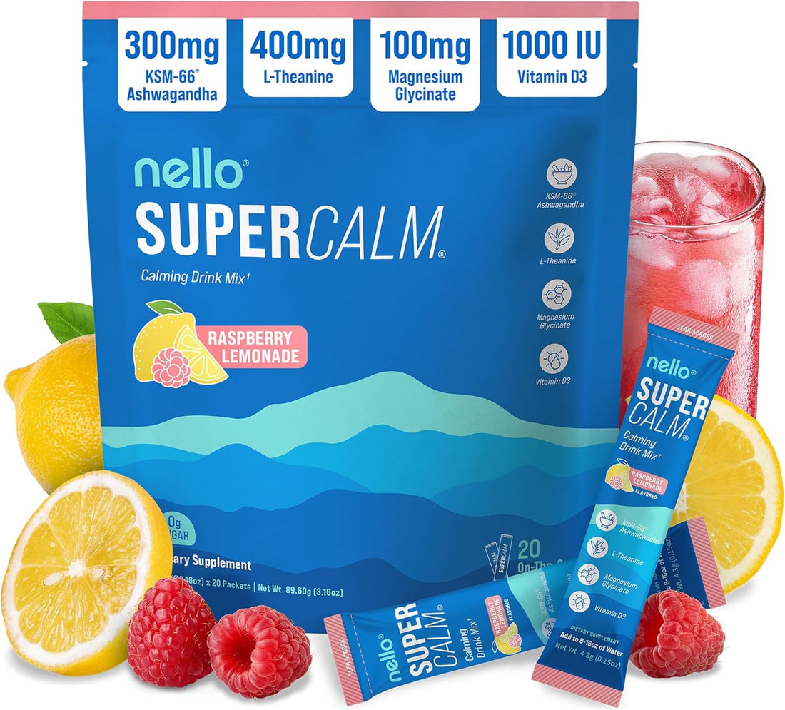 Nello SuperCalm Calming Drink Mix Raspberry Lemonade with Ashwagandha, L-Theanine and Magnesium 20 Stick Packs