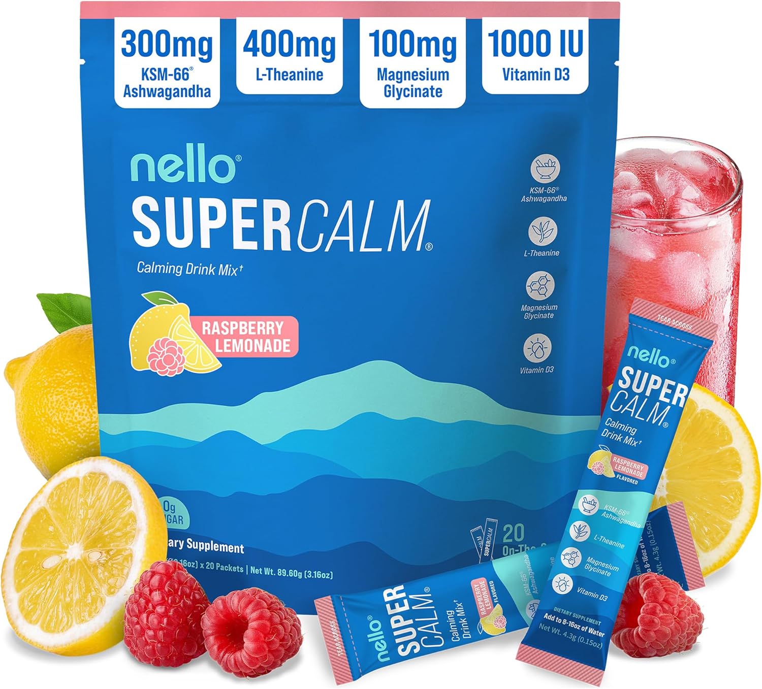 Nello SuperCalm Calming Drink Mix Raspberry Lemonade with Ashwagandha, L-Theanine and Magnesium 20 Stick Packs