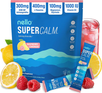 Nello SuperCalm Calming Drink Mix Raspberry Lemonade with Ashwagandha, L-Theanine and Magnesium 20 Stick Packs