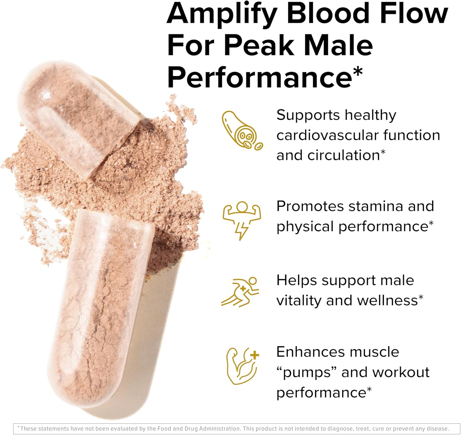 Supplement capsules with text about boosting blood flow for male performance on a white background