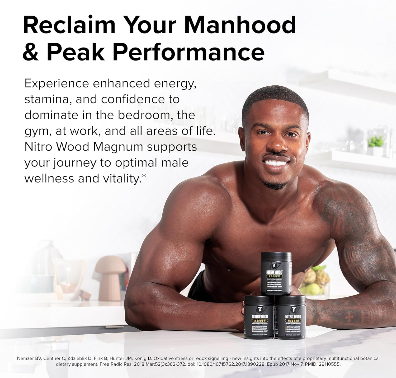 Advertisement for Nitro Wood Magnum supplement with a man sitting at a table.