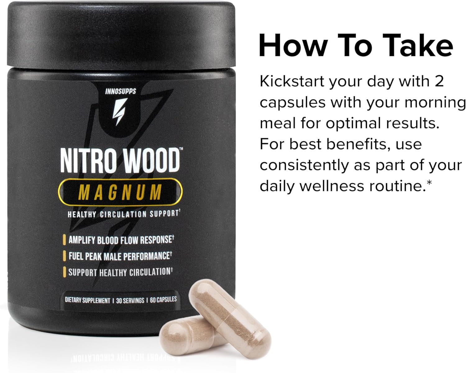 Black supplement container labeled 'Nitro Wood Magnum' with capsules 