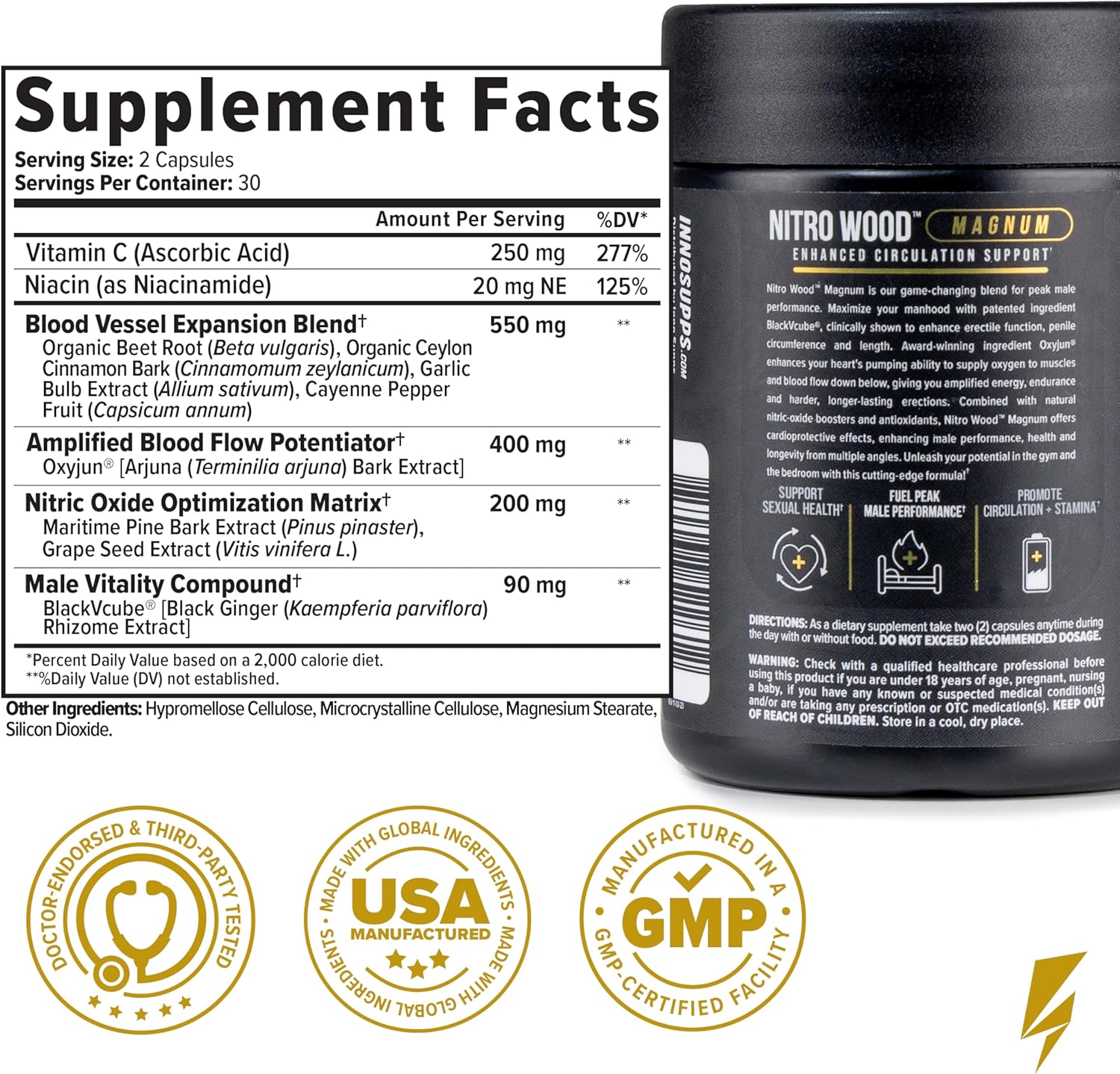 Supplement container with label showing supplement facts and product details.