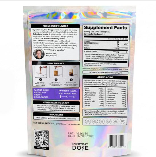 Everyday Dose Coffee+ Mild Roast Mushroom Coffee – 30 Servings