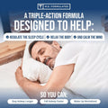 Man sleeping in bed with promotional text about a triple-action formula for sleep regulation, body relaxation, and mind calmness.