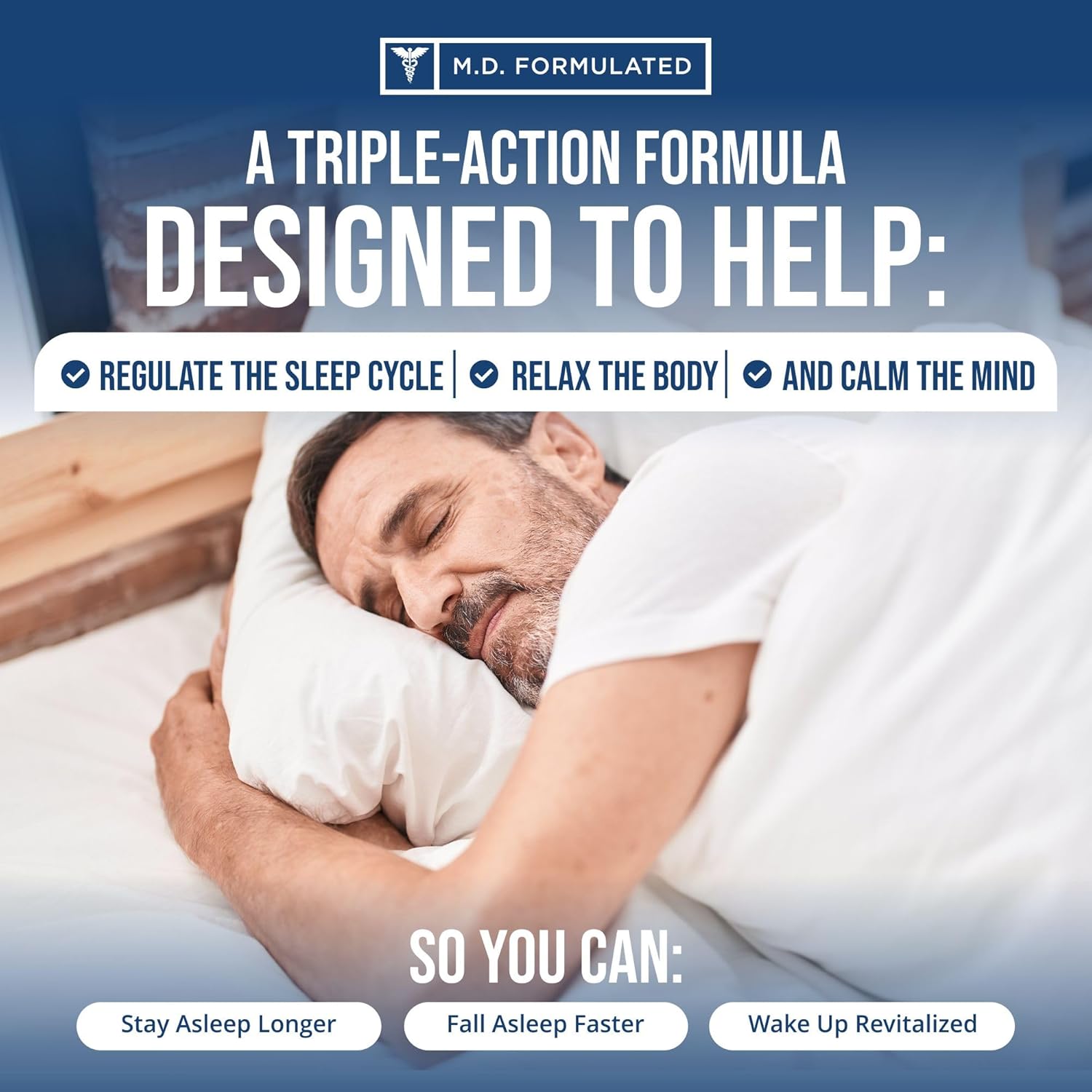 Man sleeping in bed with promotional text about a triple-action formula for sleep regulation, body relaxation, and mind calmness.