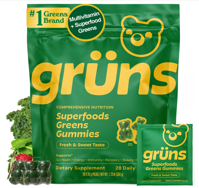 Grüns Superfoods Greens Gummies 28 daily packs pouch, multivitamin plus superfood greens gummy bears