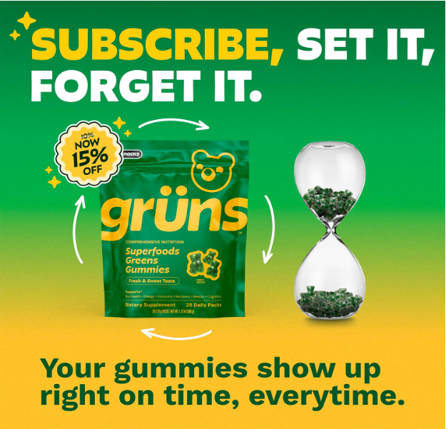 Grüns Superfoods Greens Gummies subscribe and save 15% off pouch with hourglass of gummy bears