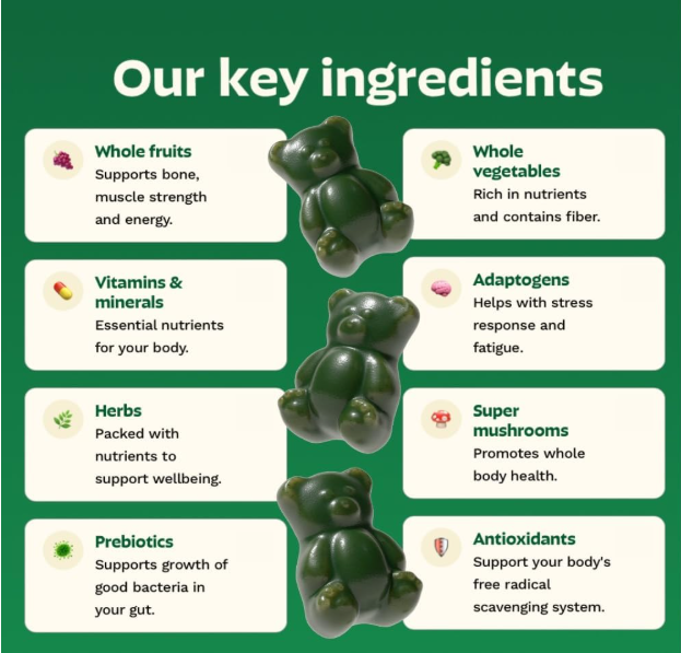 Grüns greens gummies key ingredients: whole fruits, vegetables, adaptogens, super mushrooms, prebiotics, antioxidants