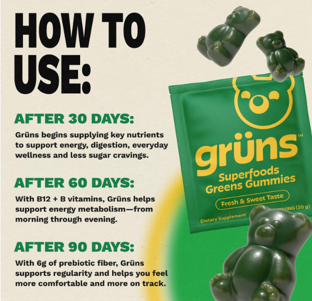 Grüns greens gummies how to use timeline with 6g prebiotic fiber and B12 vitamins support
