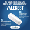 Valerian supplement capsule with Valerest branding and product details on a blue background