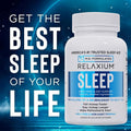 Relaxium sleep supplement bottle with promotional text on a blue cosmic background