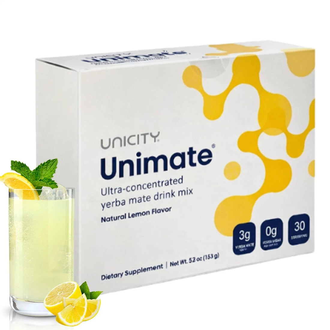 Unicity Unimate Yerba Mate Energy Drink Mix Natural Lemon Flavor 30 Stick Packs for Daily Energy and Focus