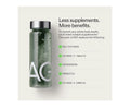 Bottle labeled 'AG' with text about supplements and benefits on a white background