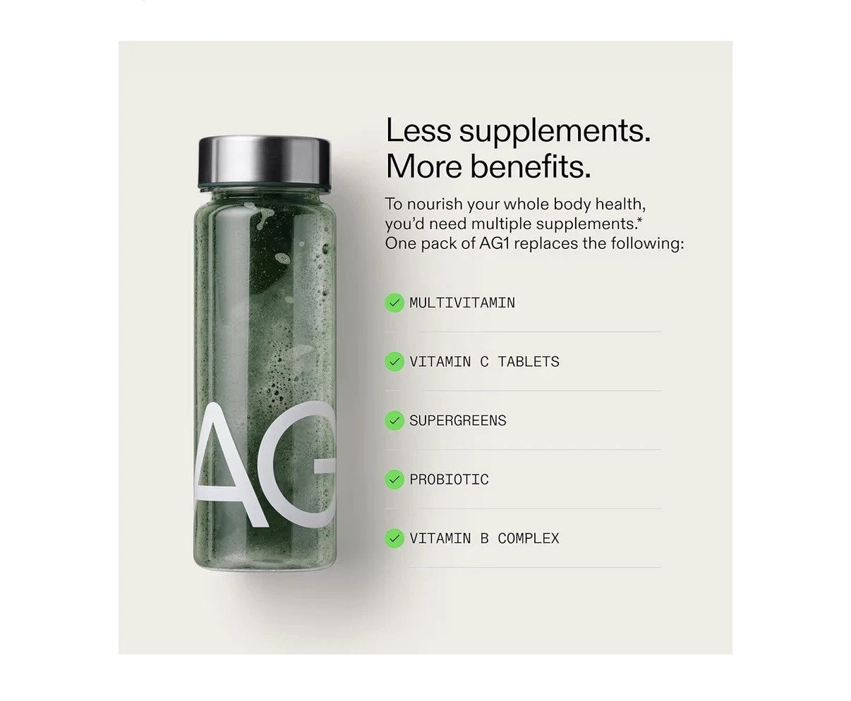 Bottle labeled 'AG' with text about supplements and benefits on a white background