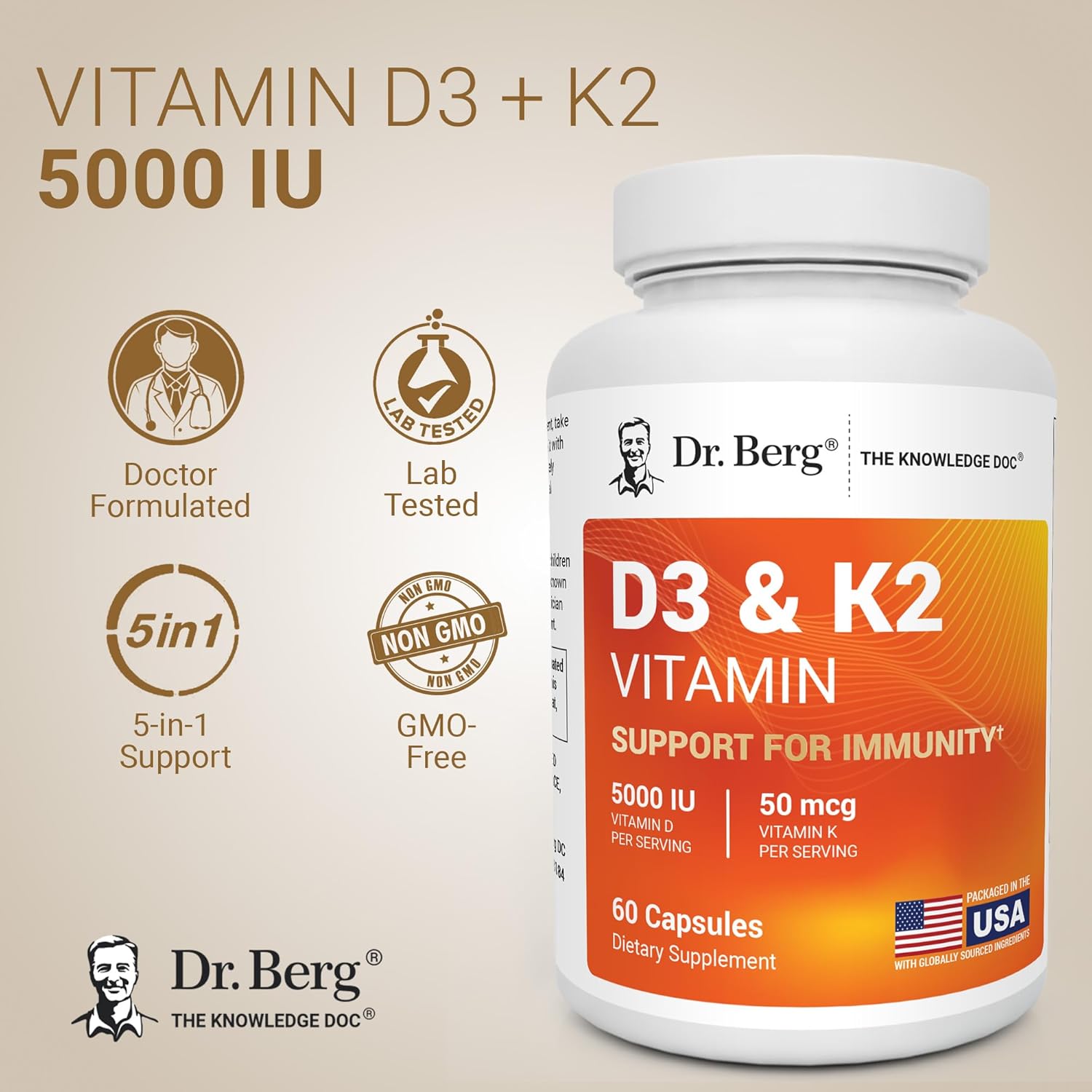Dr. Berg D3 & K2 vitamin supplement bottle with branding and product details on a beige background