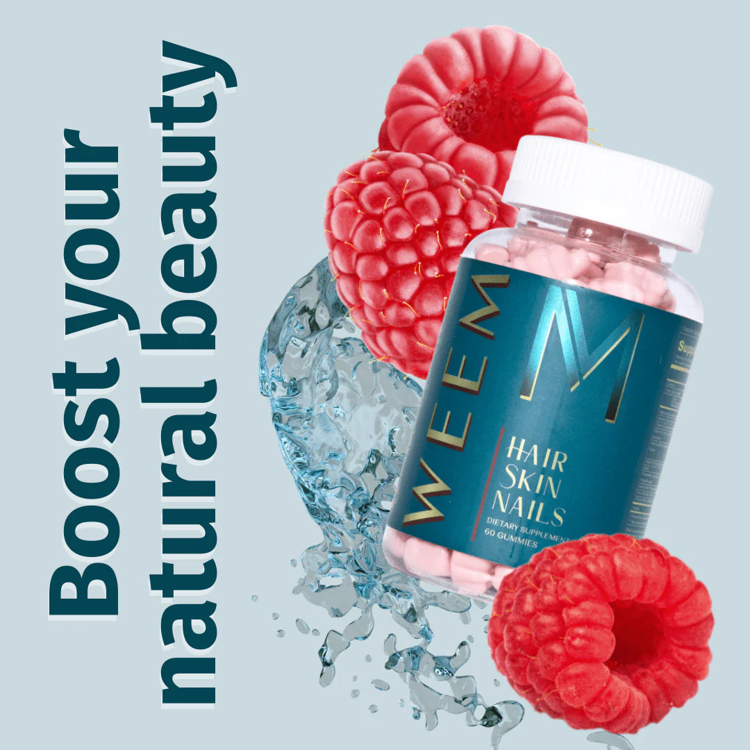 Supplement bottle labeled 'WEEM' with raspberries and text 'Boost your natural beauty' on a light blue background