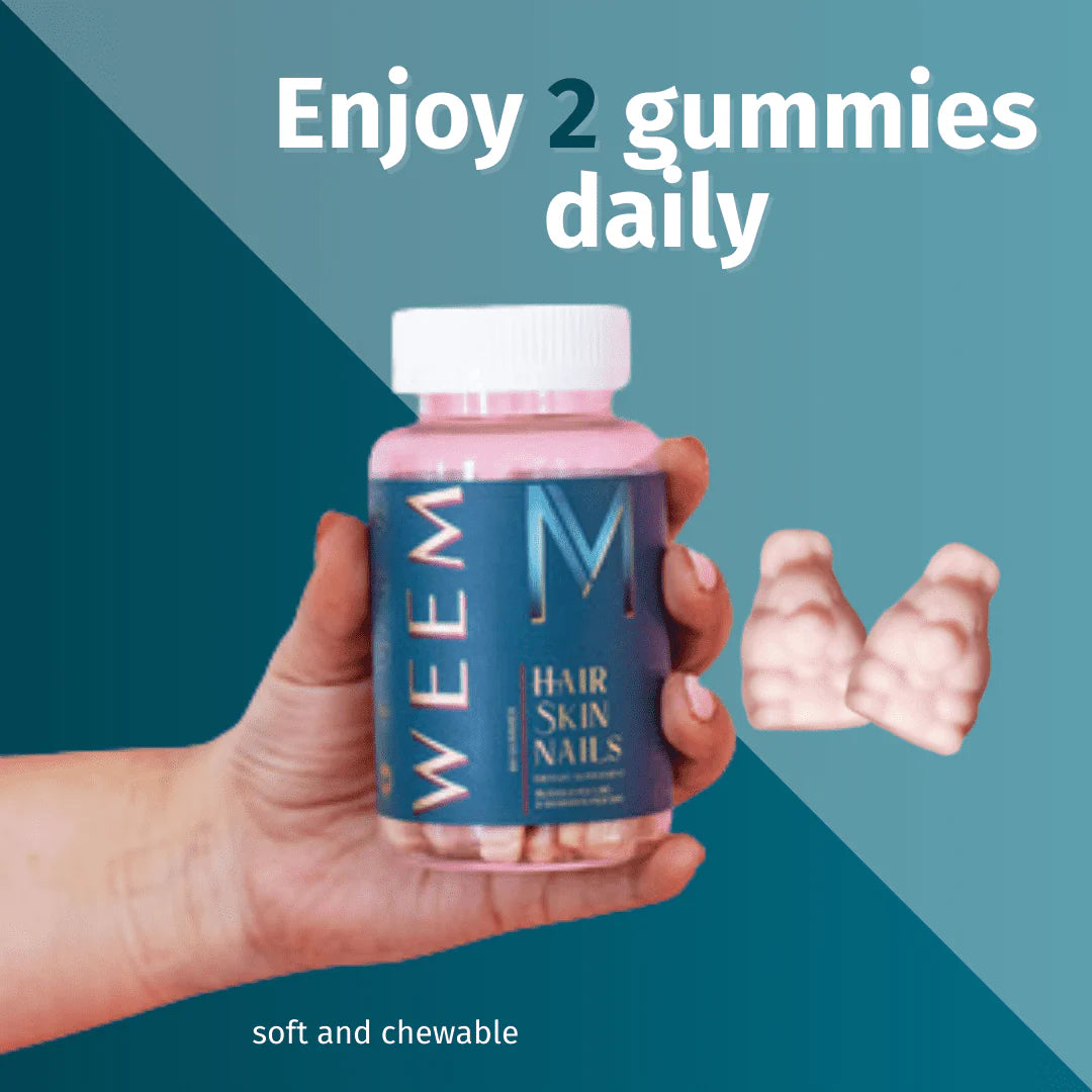 Hand holding a bottle of WEEM supplements with text 'Enjoy 2 gummies daily' on a blue background