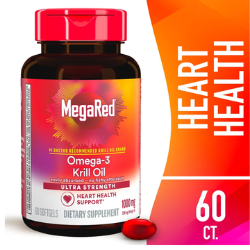 MegaRed Omega-3 Krill Oil 1000mg Ultra Strength Softgels - Heart Health, Joint Support & Brain Function Supplement, 60 Count