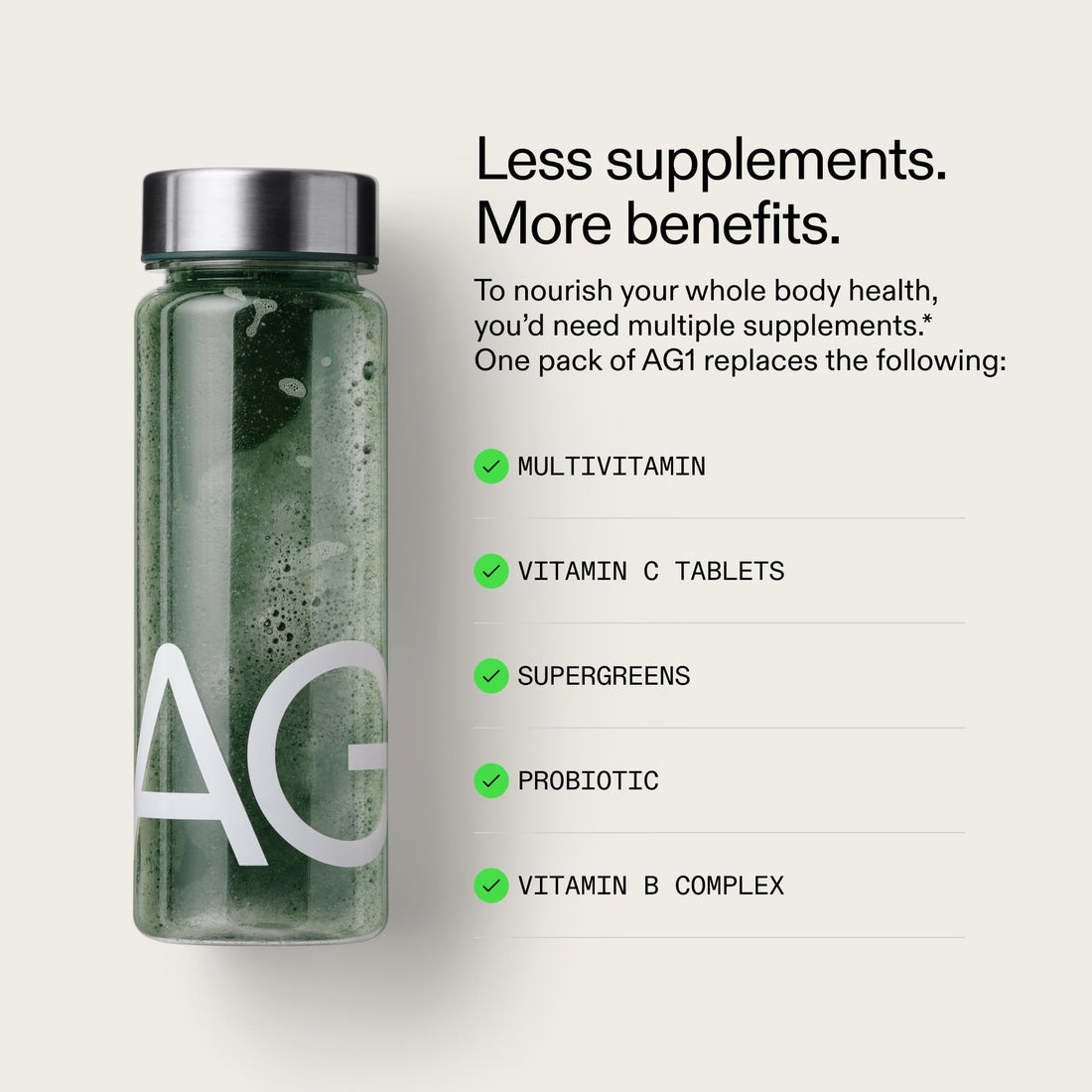 AG1 daily foundational nutrition package on a white background