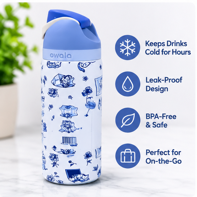 Owala FreeSip 24oz Insulated Water Bottle – Blue Floral Cat Print