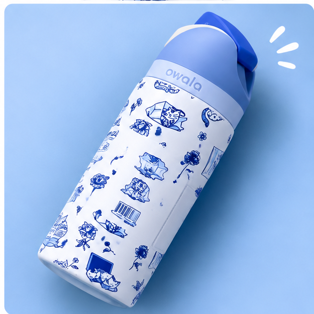 Owala FreeSip 24oz Insulated Water Bottle – Blue Floral Cat Print