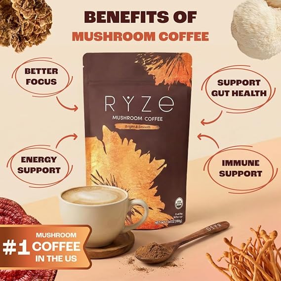 RYZE Superfoods Mushroom Coffee – Organic Adaptogenic Mushroom Coffee with Lion’s Mane & Turkey Tail for Energy, Focus & Wellness