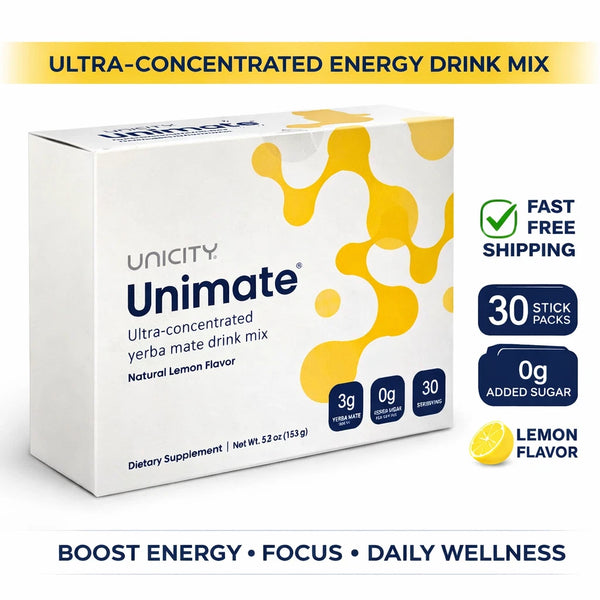 Unicity Unimate Yerba Mate Energy Drink Mix – Natural Lemon Flavor | Focus, Energy & Daily Wellness Support | 30 Stick Packs Free Shipping