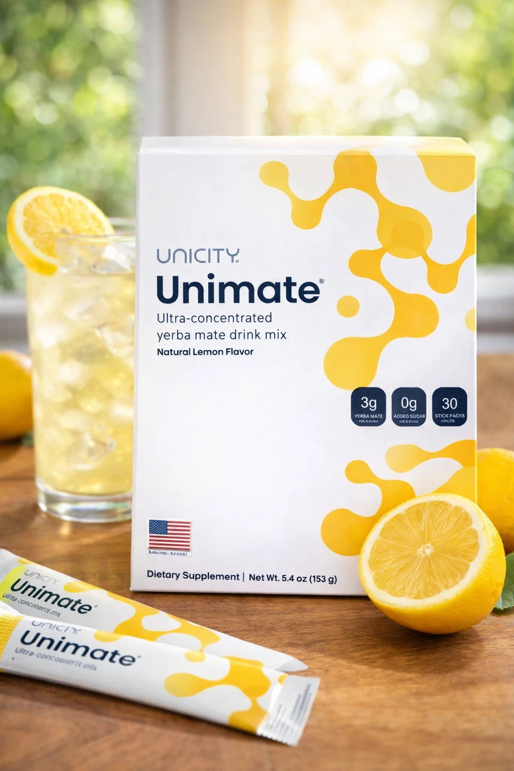 Unicity Unimate Yerba Mate Energy Drink Mix – Natural Lemon Flavor | Focus, Energy & Daily Wellness Support | 30 Stick Packs Free Shipping