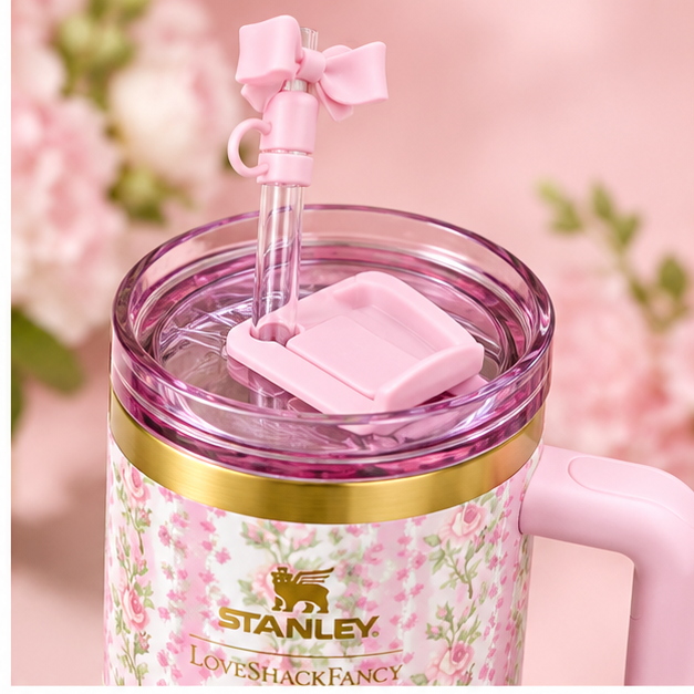 Pink floral Stanley LoveShackFancy 40 oz Quencher tumbler with handle and straw, holiday gift idea