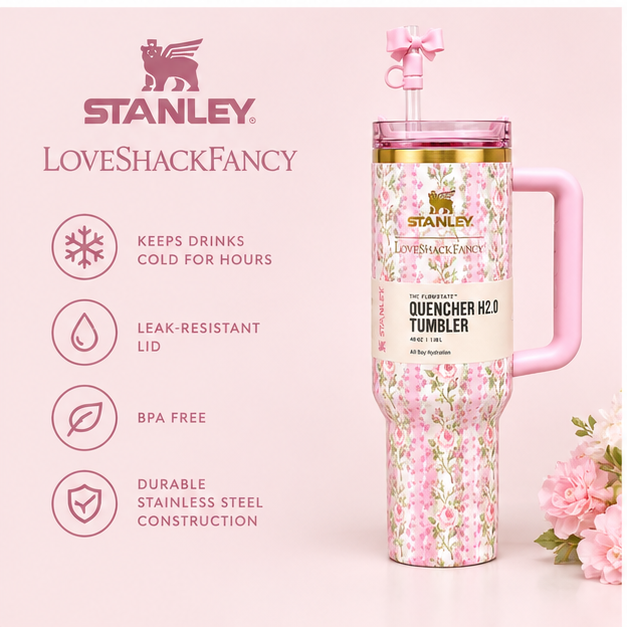 Stanley LoveShackFancy Quencher H2.0 insulated tumbler, pink floral Stanley cup
