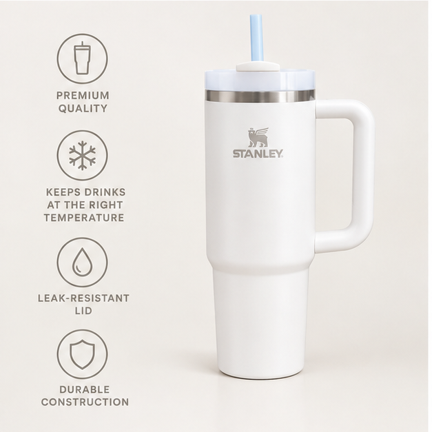 Stanley Quencher H2.0 white tumbler with handle, insulated straw tumbler for everyday use